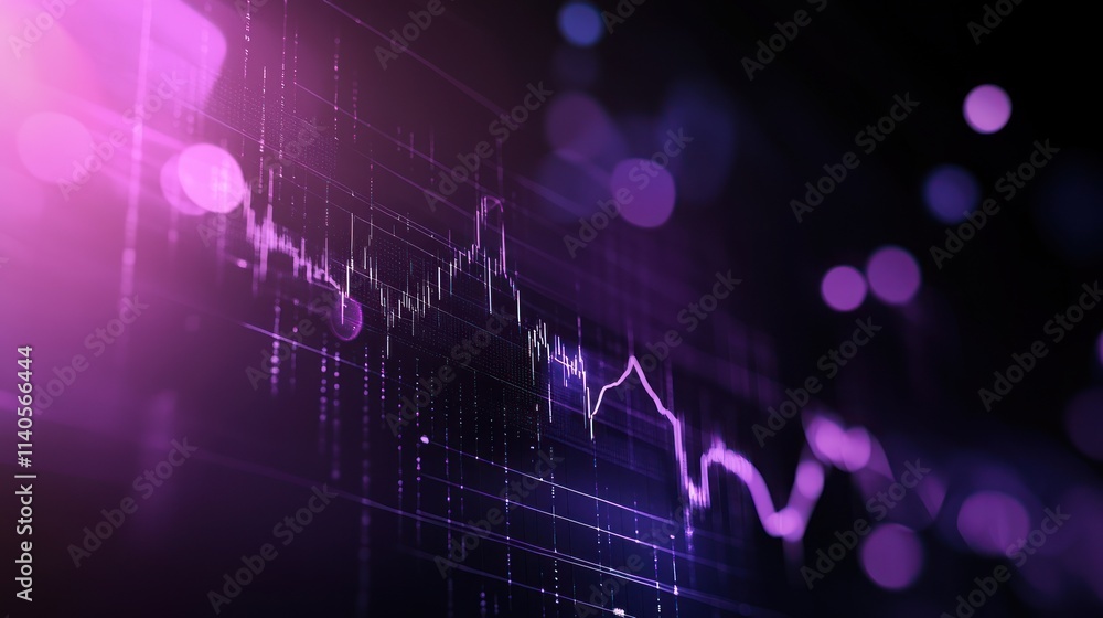 Poster abstract financial data graph on dark background with purple glow and bokeh lights.
