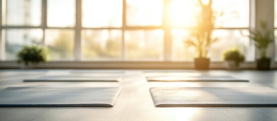 Four yoga mats on a table near a bright window.