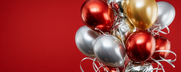 Bunch of shiny red, silver and gold balloons floating on red background