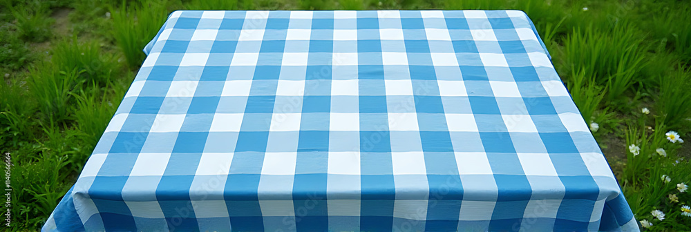 Aufkleber A blue checkered tablecloth is displayed in a top view, overlaid with an abstract pattern from a green garden background._00004_