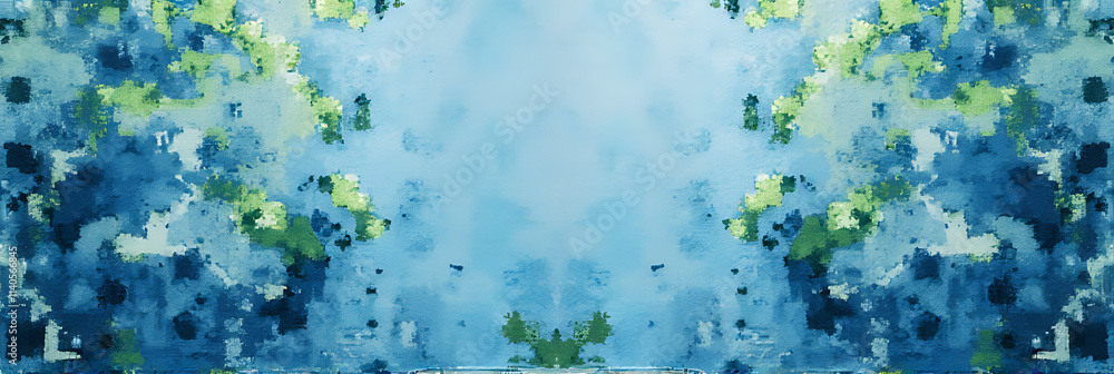 Aufkleber A blue checkered tablecloth is displayed in a top view, overlaid with an abstract pattern from a green garden background._00002_