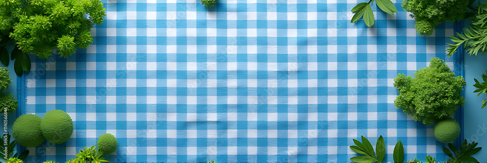 Aufkleber A blue checkered tablecloth is displayed in a top view, overlaid with an abstract pattern from a green garden background._00001_