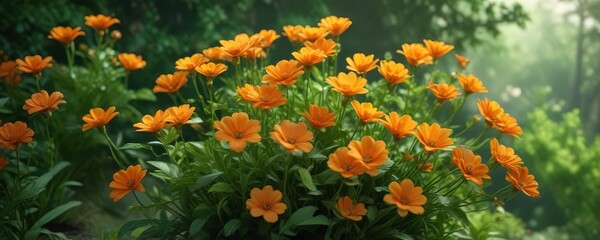 Softly lit orange flowers on a lush green background, greenery, lovely, nature