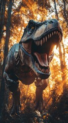 Ferocious tyrannosaurus rex roaring in sunlit forest