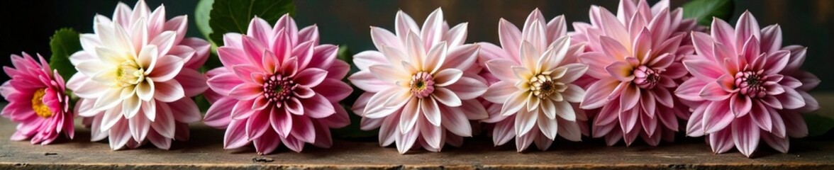 Obraz premium Pink and white dahlias in a floral still life on a rustic wooden table, vintage, dahlia