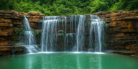 Obraz premium A serene waterfall cascading over rugged rocks into a tranquil turquoise pool, surrounded by lush greenery.