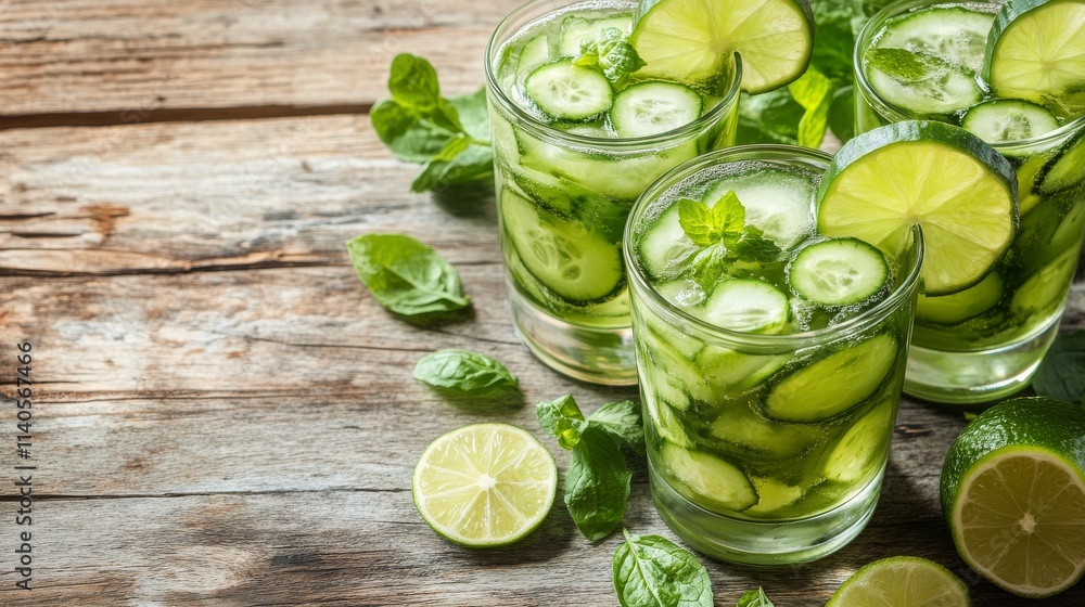 Poster refreshing cucumber lime drinks with mint on a rustic wooden table