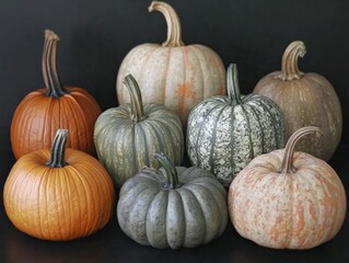 a variety of pumpkins and gourds on a dark background