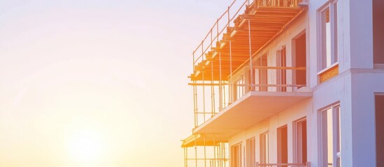 Fototapeta premium Sunset view of a building under construction with scaffolding and balconies.
