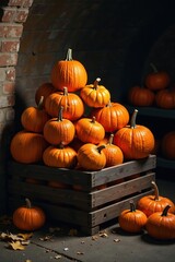 Obraz premium Pumpkins and other gourds are stacked high on a wooden crate in a dimly lit cellar, autumn, pumpkins, storage