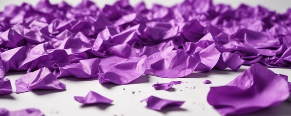 Obraz premium Purple tissue paper scattered on a white surface with some crumpled pieces in the center , white, crumpled, fragile