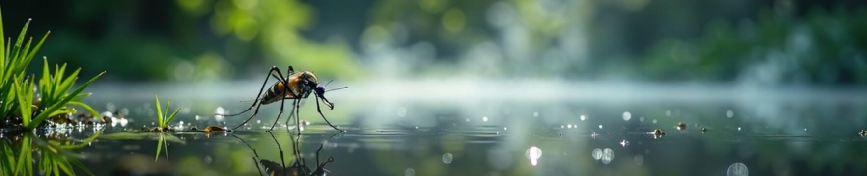 Cloud of DDT fogging killing mosquitoes near a pond water surface, kill, mosquito, pesticide