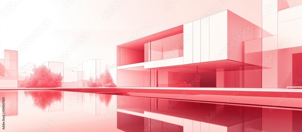Poster modern red architecture reflecting in a pool.