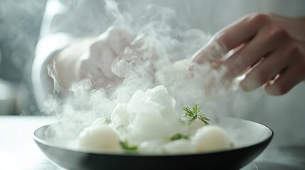 Close-up of chef's hands plating a smoky, molecular gastronomy dessert with dry ice.