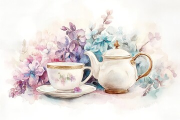 Design illustration Set of tea cup, coffee pot and flowers. Watercolor paints