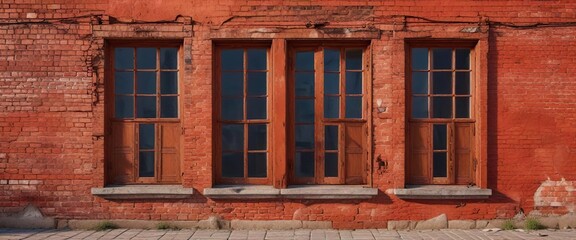 Obraz premium Red brick walls with old, worn-out window frames and rusty hinges against an abstract red background, vintage, hinge