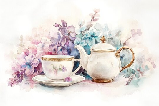 Design illustration Set of tea cup, coffee pot and flowers. Watercolor paints