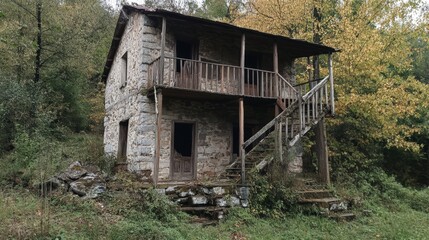 Overgrown Stone House in Autumn Woods