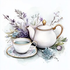 Fototapeta premium Design illustration Set of tea cup, coffee pot and flowers. Watercolor paints