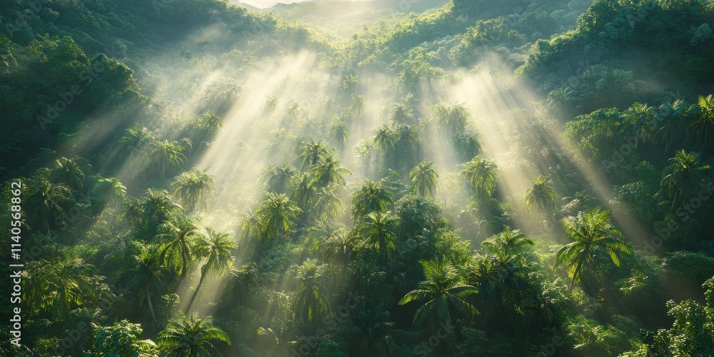 Poster sunlight streaming through dense palm trees in a lush green rainforest, creating a serene and peacef