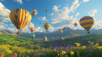Obraz premium Vibrant hot air balloons with cheerful patterns like stripes, polka dots, and stars, floating in a bright blue sky over green hills and wildflowers. Joyful, carefree scene with vivid colors.