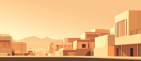 Desert town at sunset, simplistic geometric style architecture.