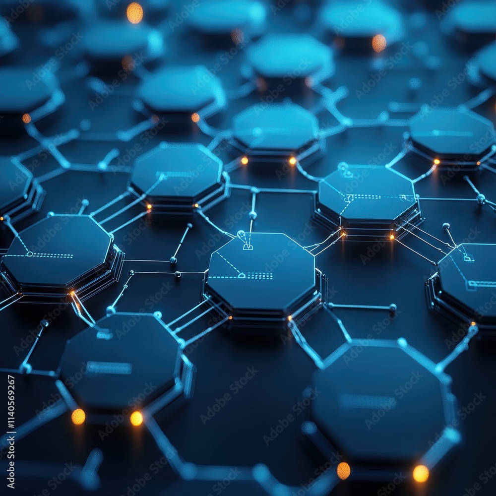 Poster futuristic hexagonal network with glowing nodes and connections, evoking a sense of advanced technol