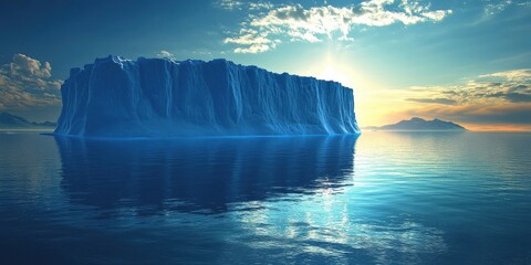 Majestic iceberg in tranquil waters under a serene blue sky at sunrise.
