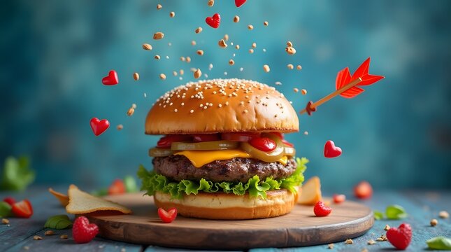 Delicious burger with flying ingredients and sauce. Valentine's day poster. Cupid's arrow pierces the burger. For the love of food. Blue background with flying feathers