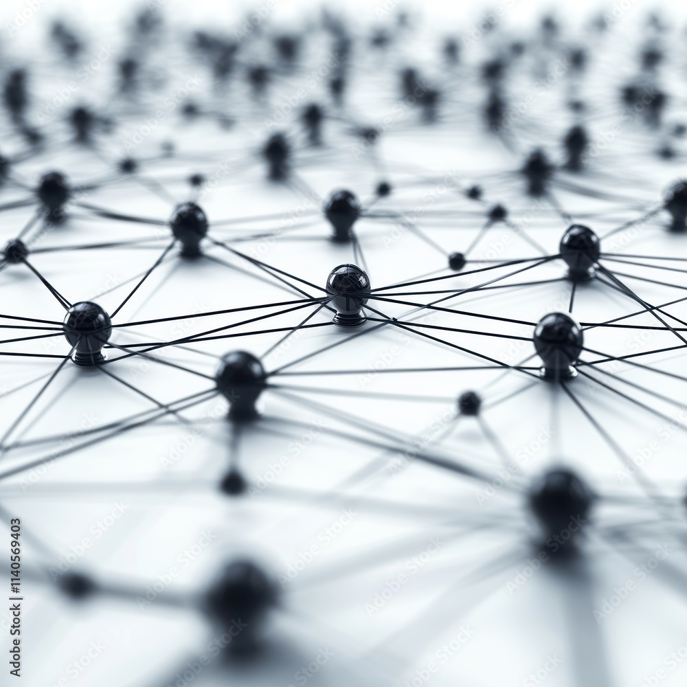 Poster an abstract representation of a network, showcasing interconnected black nodes and lines against a s