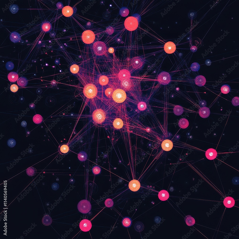 Poster colorful abstract network visualization, showcasing vibrant nodes and connected lines on a dark back