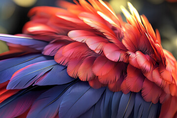 Fototapeta premium Close-up of vibrant red and blue feathers showcasing natural beauty and texture.