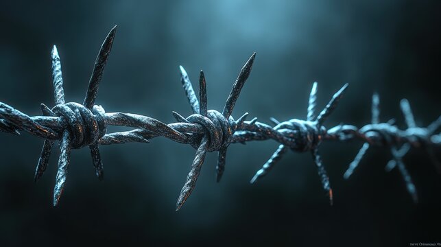 Close-up of barbed wire, dark background, sharp points, metallic texture.