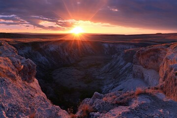 A dramatic sunset over a crater