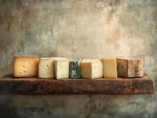 various cheeses on a wooden shelf against a textured background