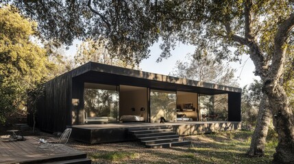 Modern Dark Cabin Nestled Amongst Lush Greenery