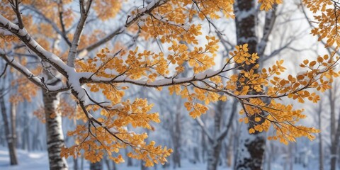 Snow-covered aspen tree branches in autumn hues , frosty morning, snowflakes