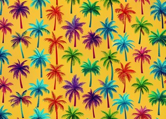 Fototapeta premium Minimalist Multicolored Palm Tree Pattern Art Print, Abstract Tropical Design, Geometric Palm Leaf Illustration