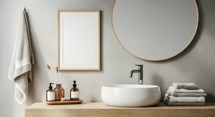 An interior bathroom with blank rectangular photo frames on the wall 3d illustration mock-up template.