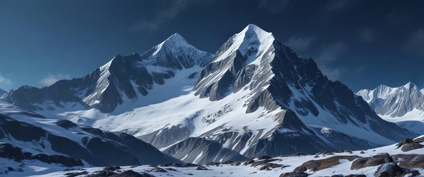 Snow-covered mountain landscape with a dark blue background, snowfall, snowy mountain, peaceful atmosphere