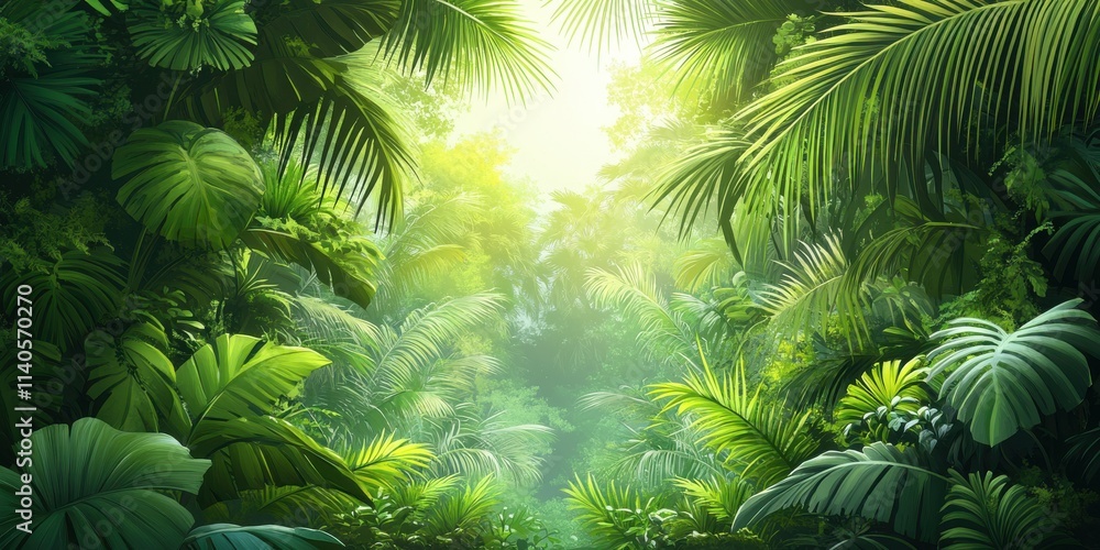 Poster lush green jungle with dense foliage and soft sunlight filtering through the trees, creating a seren