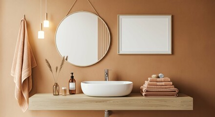 An interior bathroom with blank rectangular photo frames on the wall 3d illustration mock-up template.