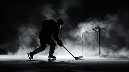 Silhouette of a hockey player against a dark background, mist fog, extreme sport
