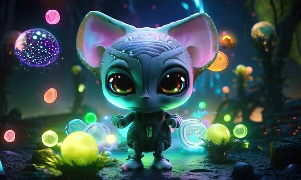 cute alien glowing in neon colors animation