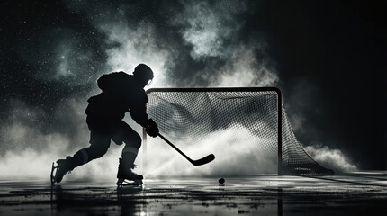 Silhouette of a hockey player against a dark background, mist fog, extreme sport