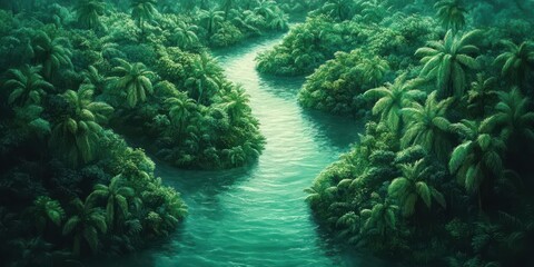 Fototapeta premium Serene aerial view of a lush tropical rainforest with a winding river reflecting vibrant greenery.