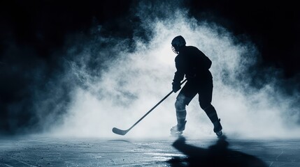 Silhouette of a hockey player against a dark background, mist fog, extreme sport