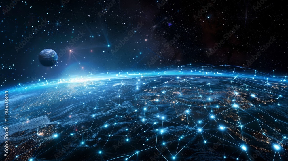 Fototapete planet with a network of lines connecting it to other planets. connections system and global datas e