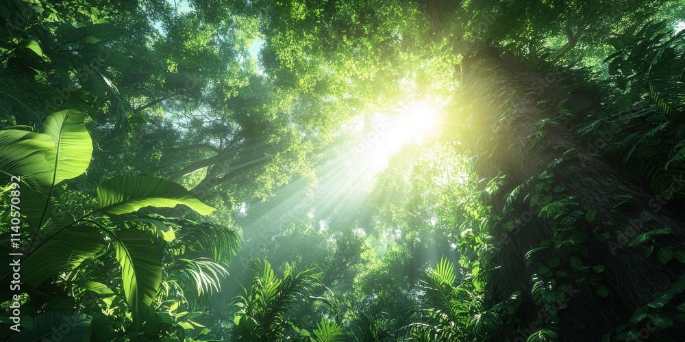 Poster sunlight filters through lush green trees in a vibrant jungle, creating a serene and magical atmosph