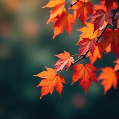 Fototapeta premium Softly glowing orange-red leaves dangle from slender tree limbs, deciduous tree, autumn